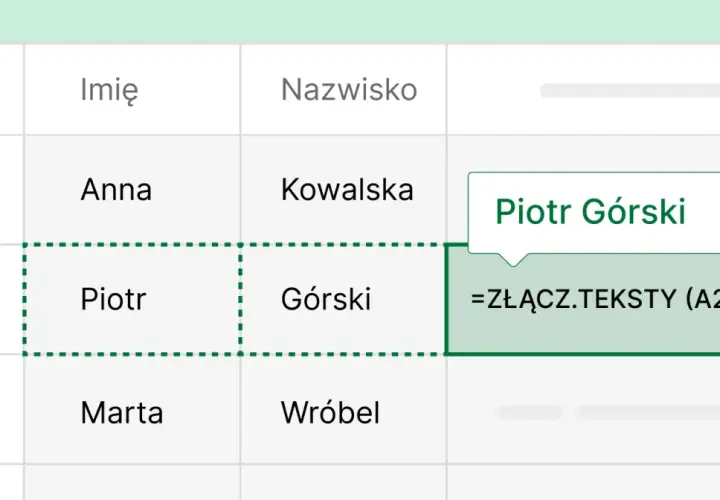 Wiersz w Excelu z imieniem i nazwiskiem "Piotr Górski". Formuła łączy dane z komórek A2 i B2.