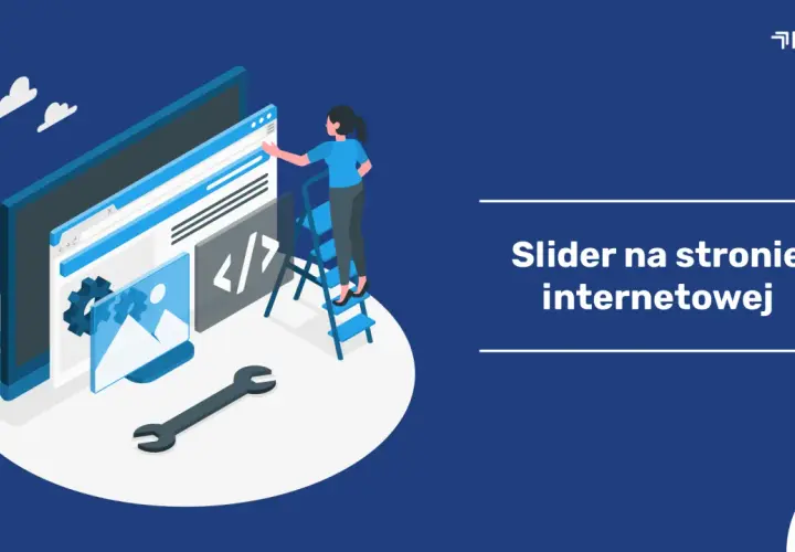 Tworzenie slidera na stronie internetowej: programistka na drabinie edytuje kod i obrazy, obok klucz.