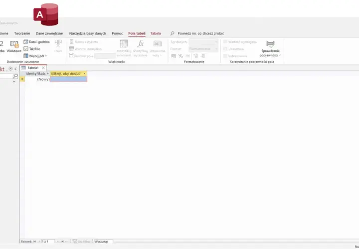 Interfejs programu Microsoft Access do tworzenia i edycji **bazy danych access**. Widoczna jest tabela "Tabela1" z polem "Identyfikator".