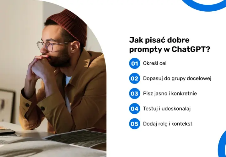 Mężczyzna zamyślony nad monitorem, obok lista wskazówek, jak pisać dobre prompty w ChatGPT.