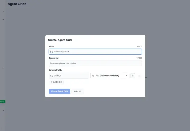 Tworzenie Agent Grid, gdzie można zdefiniować pola schematu, np. `order_id`, dla integracji z api gateway.
