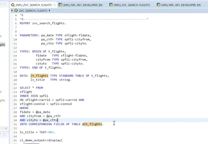 Kod ABAP SAP do wyszukiwania lotów, z parametrami daty, miasta wylotu i przylotu, zapisujący wyniki do tabeli lt_flights.