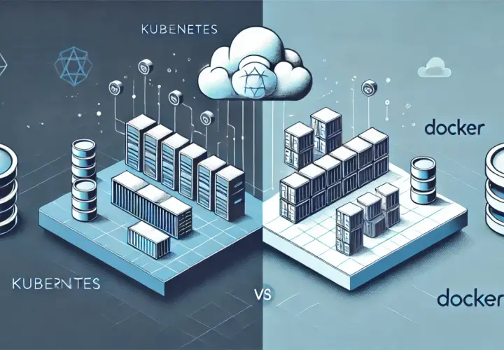 Porównanie Kubernetes vs Docker: po lewej Kubernetes z chmurą i serwerami, po prawej Docker z kontenerami i stosami dysków.