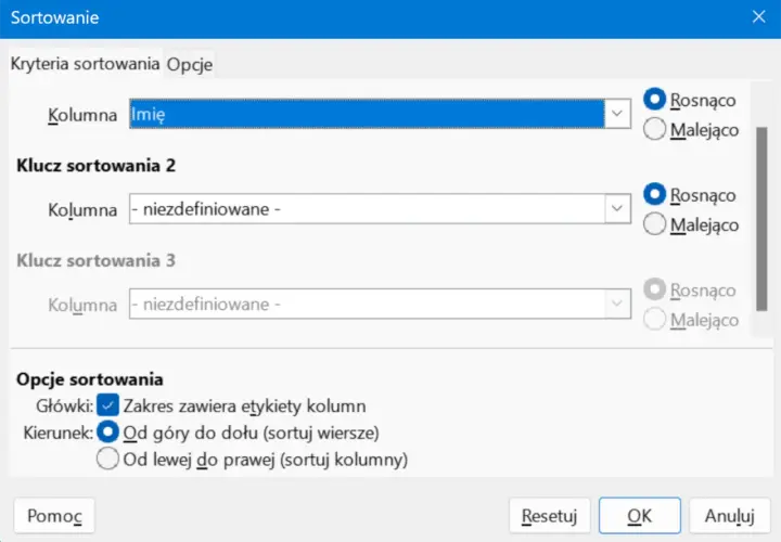Okno sortowania. Pierwszy klucz sortowania to kolumna "Imię" rosnąco. Kolejne klucze są niezdefiniowane.
