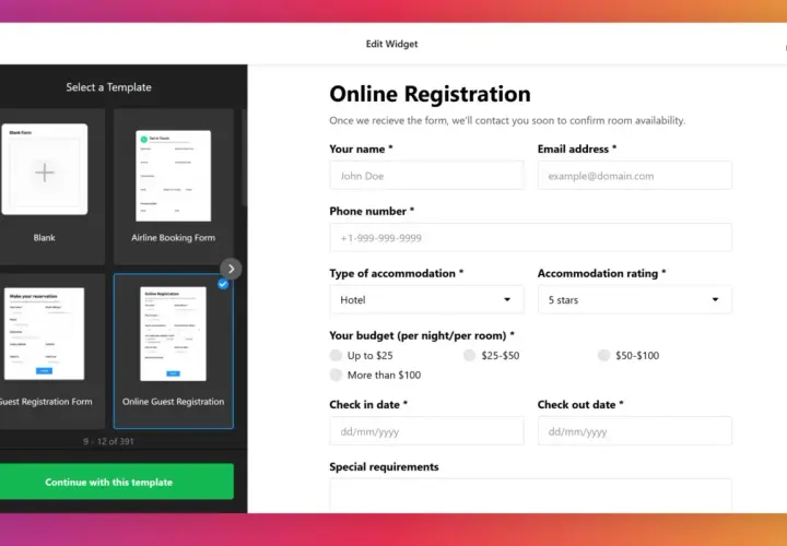 Szablon formularza HTML "Online Registration" do rezerwacji hotelu, z polami na dane osobowe, preferencje i daty pobytu.