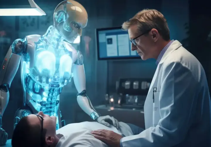Lekarz i robot współpracują przy pacjencie. Przyszłość medycyny z AI.