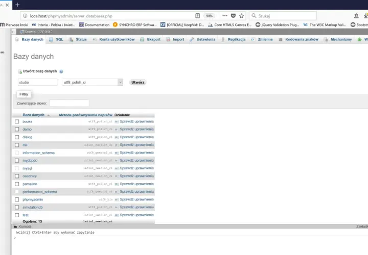 Widok phpMyAdmin z listą baz danych. Widać kolumny "Baza danych", "Metoda porównywania napisów" i "Działanie". Wpisano "studia" i wybrano "utf8_polish_ci", co sugeruje normalizacja danych.