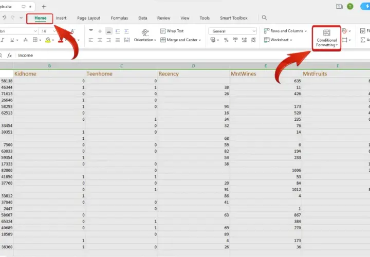 Excel: podświetlenie komórki jeżeli dane spełniają kryteria. Widok arkusza z zaznaczoną opcją "Conditional Formatting".