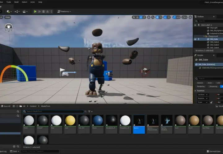 W edytorze Unreal Engine, widzimy postać z gry FNaF w stanie rozkładu, unoszącą się w przestrzeni roboczej. To pokazuje, co to jest Unreal Engine – potężne narzędzie do tworzenia gier.