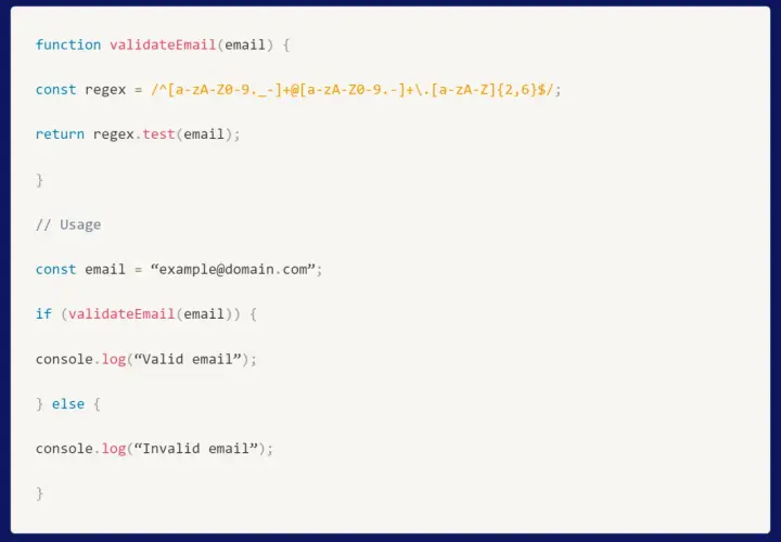 Kod yup js do walidacji adresu email. Funkcja `validateEmail` używa wyrażenia regularnego do sprawdzenia formatu.