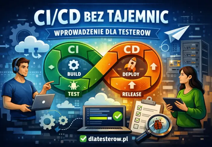 Grafika przedstawia cykl CI/CD z etapami Build, Test, Deploy i Release. W tle widać serwery i chmury, a postacie symbolizują testerów.