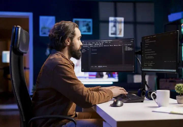 Programista z brodą pracuje nocą przy kodzie w języku wysokiego poziomu.