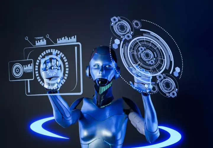 Robot z błyszczącym, niebieskim wykończeniem manipuluje interfejsami holograficznymi, symbolizując zaawansowane możliwości agi ai.