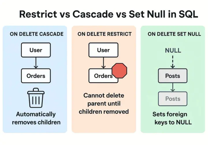 Porównanie Restrict, Cascade i Set Null w SQL. ON DELETE CASCADE automatycznie usuwa powiązane rekordy.