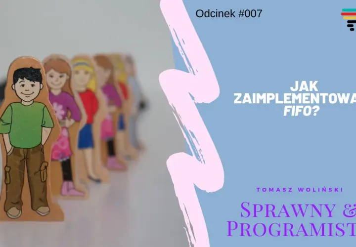 Drewniane figurki ludzi ustawione w kolejce, symbolizujące zasadę FIFO (First In, First Out).