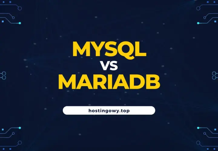 Porównanie baz danych: MySQL vs MariaDB. Grafika z elementami obwodów drukowanych i siecią.