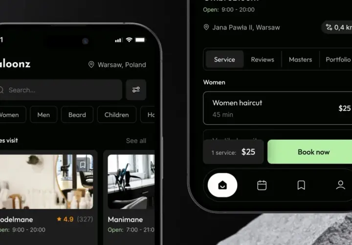 Aplikacja do rezerwacji usług fryzjerskich, stworzona w Swift UI. Widok listy usług dla kobiet, z opcją "Women haircut" za 25$.
