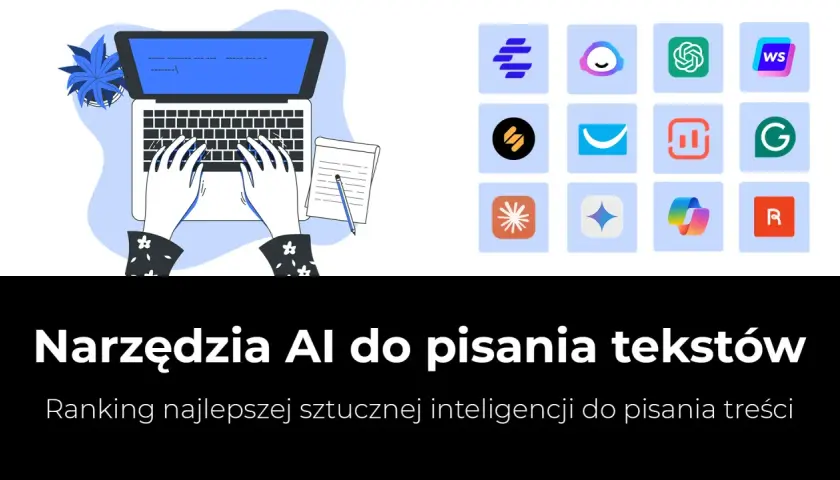 Ręce piszą na laptopie, obok notatnik. W tle ikony aplikacji, sugerujące narzędzia AI do pisania tekstów.