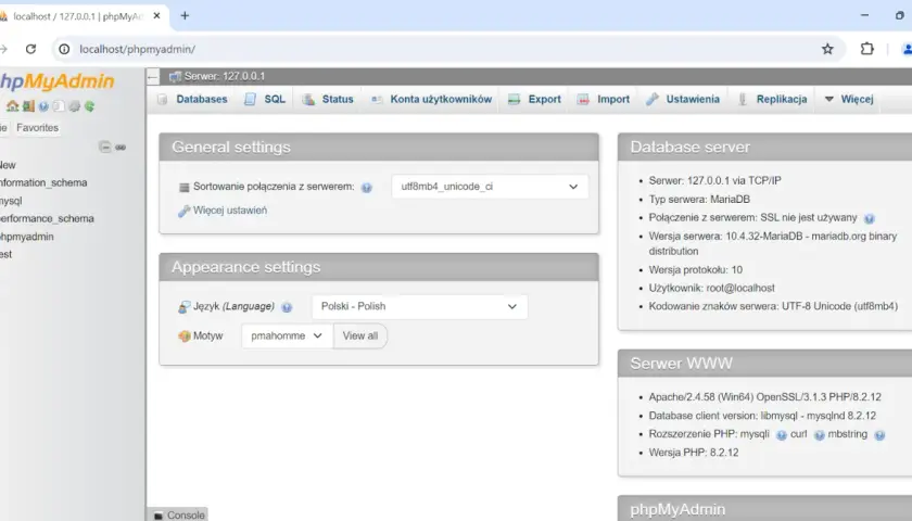 Interfejs phpMyAdmin, pokazujący ustawienia ogólne i serwera. Widzimy tu m.in. wersję serwera MariaDB i Apache.