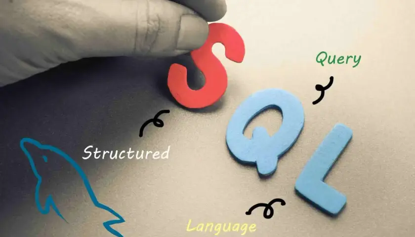 Litery S, Q, L tworzą napis SQL. Obok delfin i napisy "Structured", "Query", "Language". To jest właśnie SQL co to.