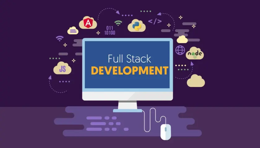 Grafika ilustruje, czym jest full stack developer, pokazując ikony technologii jak JS, Python, Node.js i Angular.