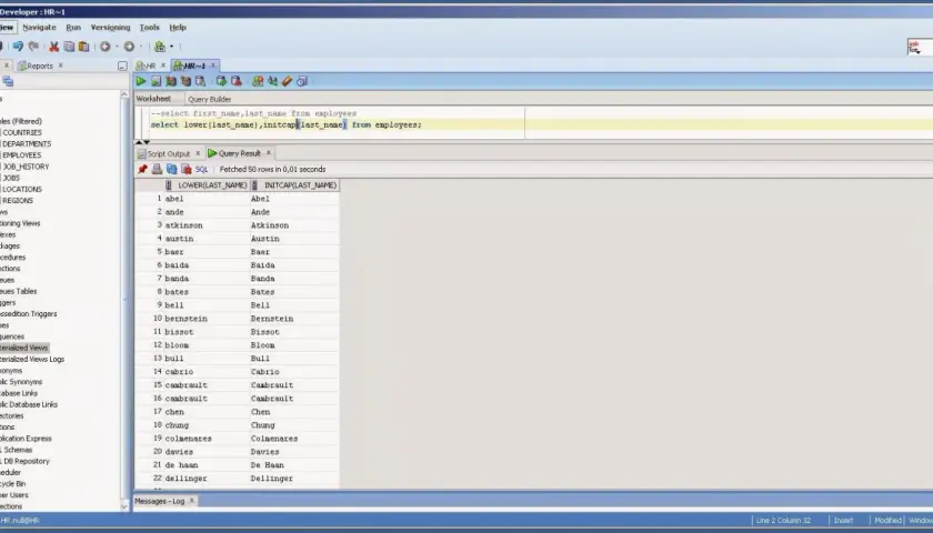 Widok Oracle SQL Developer z zapytaniem SQL pobierającym nazwiska pracowników.