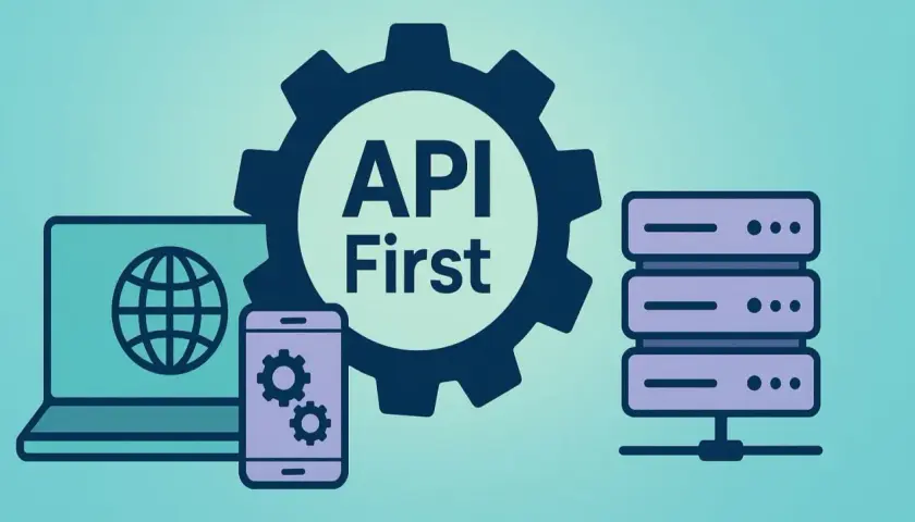 Grafika przedstawia koncepcję API First: laptop z globusem, smartfon z ikonami ustawień i serwerownię, wszystko połączone z centralną zębatką z napisem "API First".