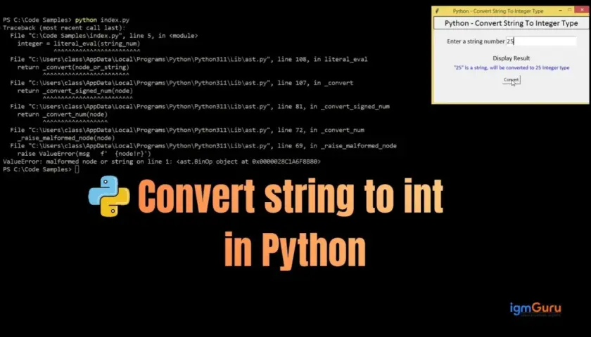 Python: zamiana string na int. Przykład konwersji "25" na liczbę całkowitą.