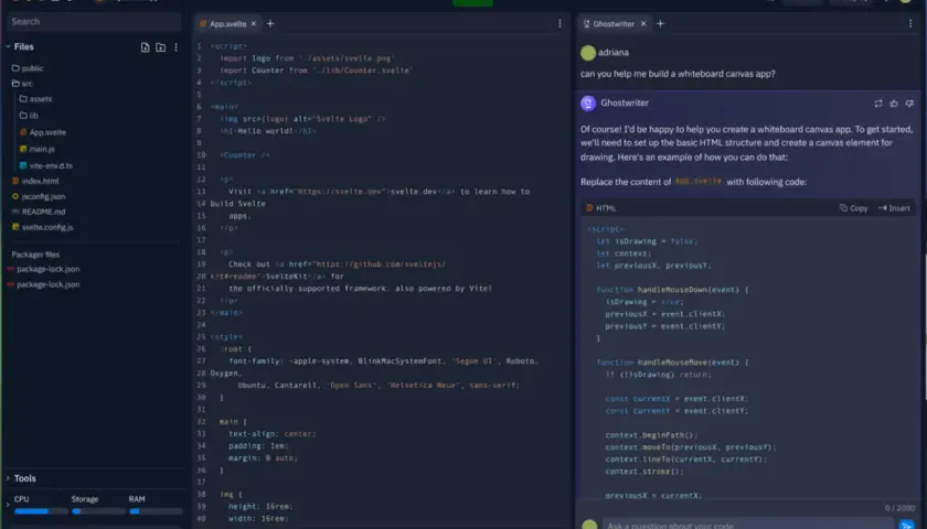 Edytor kodu Svelte z podświetlonym kodem JavaScript i podpowiedzią AI do tworzenia aplikacji.