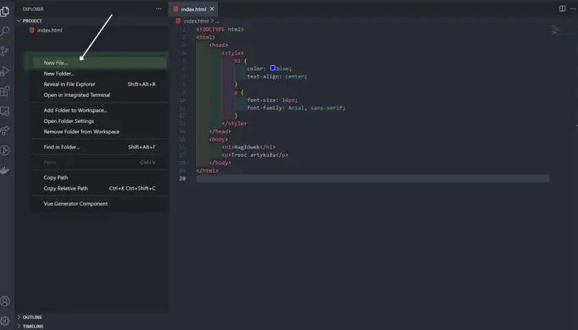 Tworzenie pliku w edytorze kodu, gdzie widać podstawy CSS w pliku index.html.