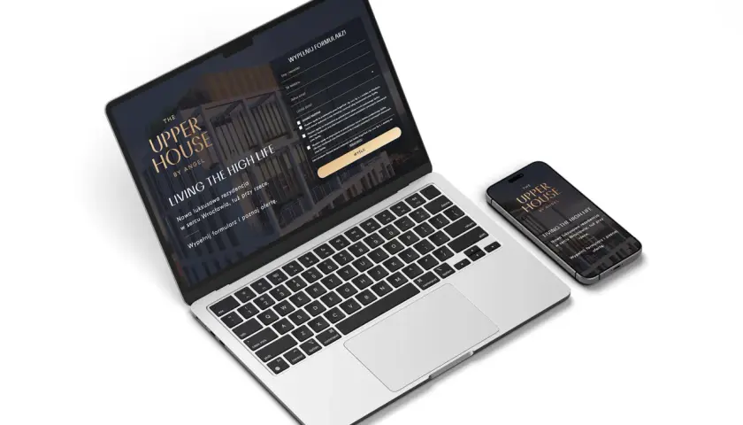 Laptop i smartfon prezentują landing page "The Upper House". Formularz zaprasza do wypełnienia, by poznać ofertę luksusowej rezydencji.