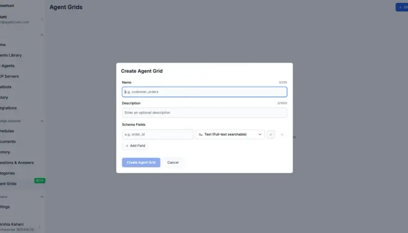 Tworzenie Agent Grid, gdzie można zdefiniować pola schematu, np. `order_id`, dla integracji z api gateway.