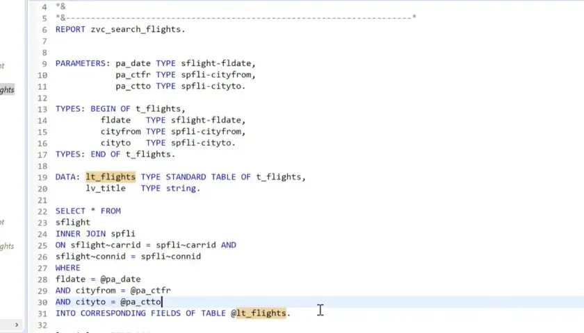 Kod ABAP SAP do wyszukiwania lotów, z parametrami daty, miasta wylotu i przylotu, zapisujący wyniki do tabeli lt_flights.