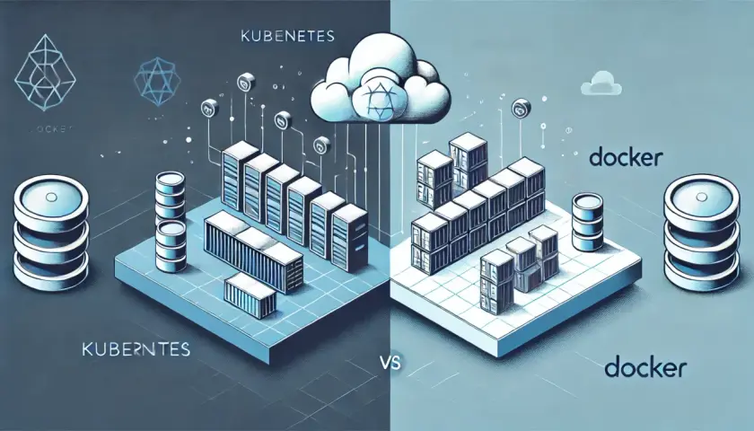 Porównanie Kubernetes vs Docker: po lewej Kubernetes z chmurą i serwerami, po prawej Docker z kontenerami i stosami dysków.