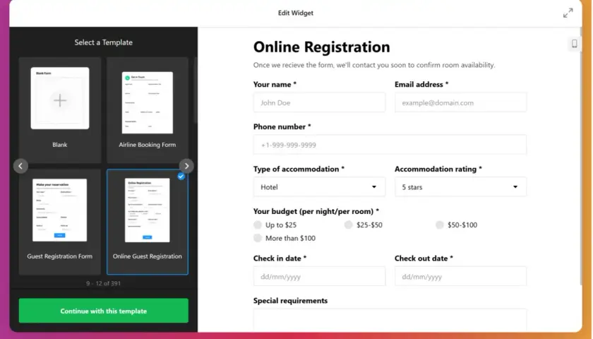 Szablon formularza HTML "Online Registration" do rezerwacji hotelu, z polami na dane osobowe, preferencje i daty pobytu.