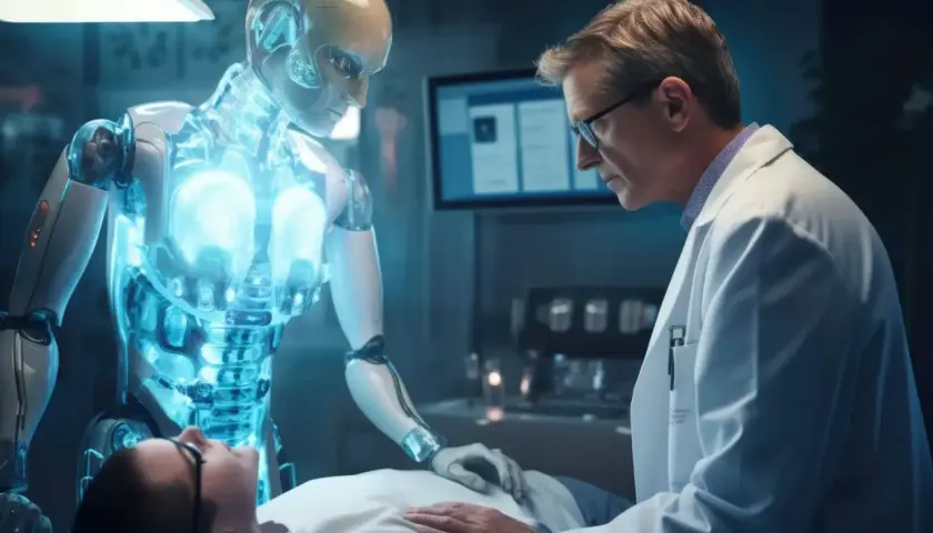Lekarz i robot współpracują przy pacjencie. Przyszłość medycyny z AI.