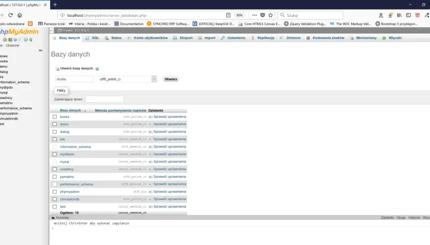 Widok phpMyAdmin z listą baz danych. Widać kolumny "Baza danych", "Metoda porównywania napisów" i "Działanie". Wpisano "studia" i wybrano "utf8_polish_ci", co sugeruje normalizacja danych.