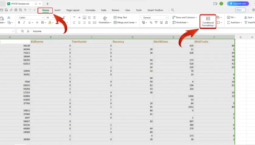 Excel: podświetlenie komórki jeżeli dane spełniają kryteria. Widok arkusza z zaznaczoną opcją "Conditional Formatting".