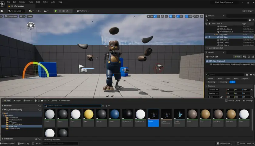 W edytorze Unreal Engine, widzimy postać z gry FNaF w stanie rozkładu, unoszącą się w przestrzeni roboczej. To pokazuje, co to jest Unreal Engine – potężne narzędzie do tworzenia gier.