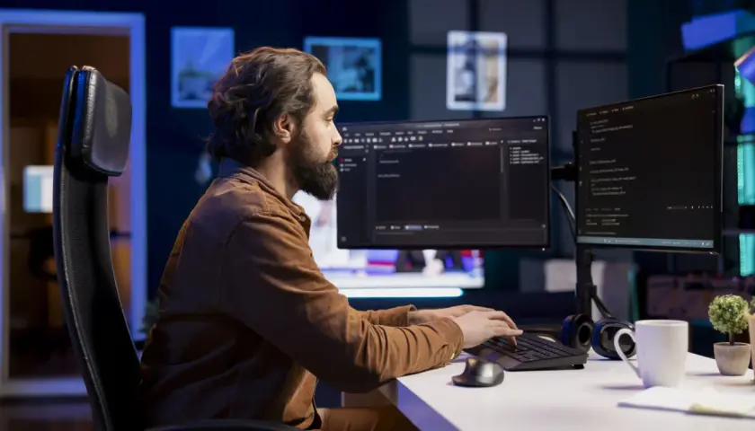 Programista z brodą pracuje nocą przy kodzie w języku wysokiego poziomu.