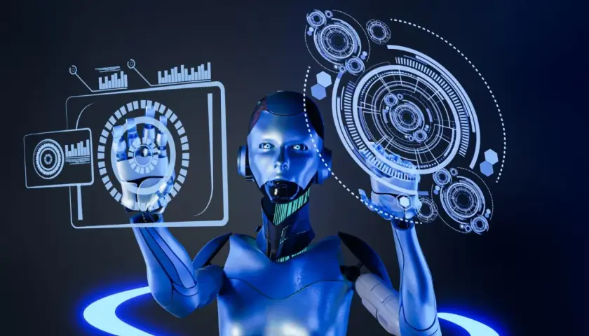Robot z błyszczącym, niebieskim wykończeniem manipuluje interfejsami holograficznymi, symbolizując zaawansowane możliwości agi ai.