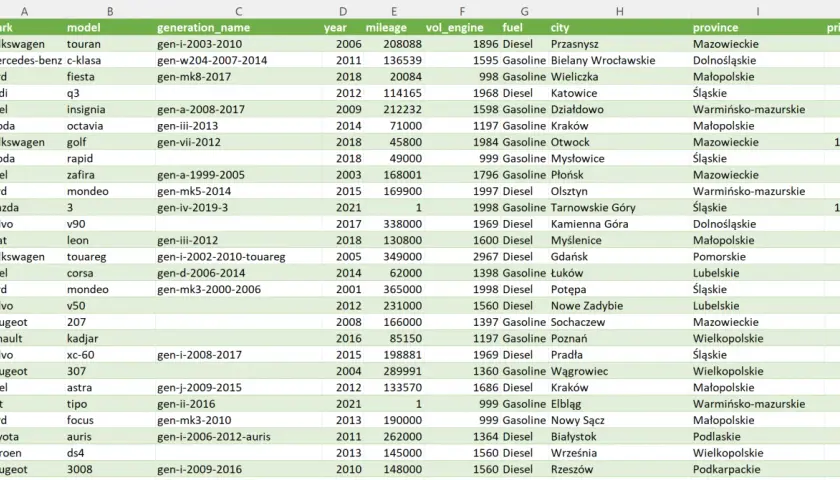 Tabela z danymi samochodów, idealna do analizy danych Excel. Widoczne marki, modele, roczniki, przebiegi i ceny.
