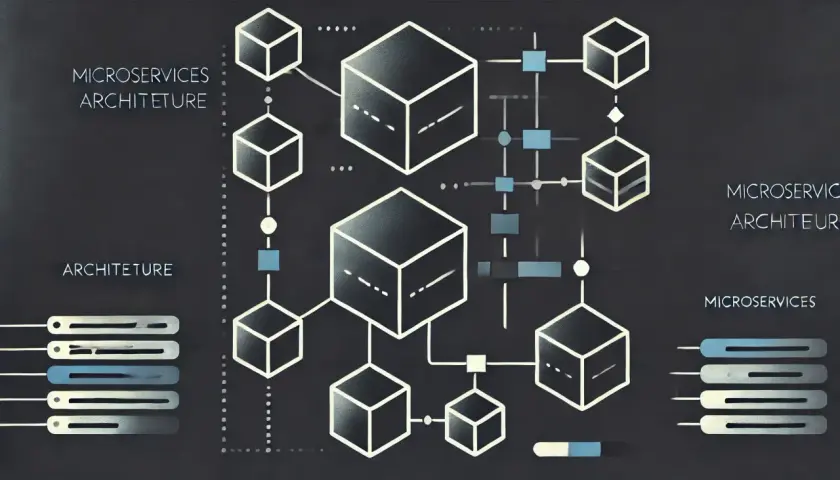 Diagram przedstawiający architekturę mikroserwisów, z połączonymi blokami symbolizującymi poszczególne usługi.