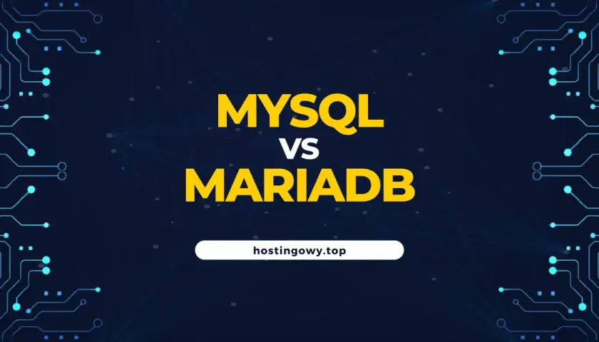 Porównanie baz danych: MySQL vs MariaDB. Grafika z elementami obwodów drukowanych i siecią.