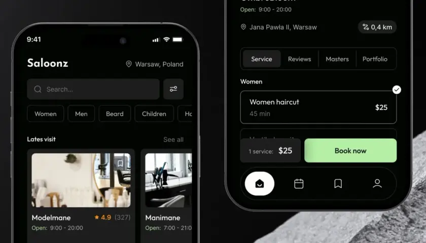 Aplikacja do rezerwacji usług fryzjerskich, stworzona w Swift UI. Widok listy usług dla kobiet, z opcją "Women haircut" za 25$.