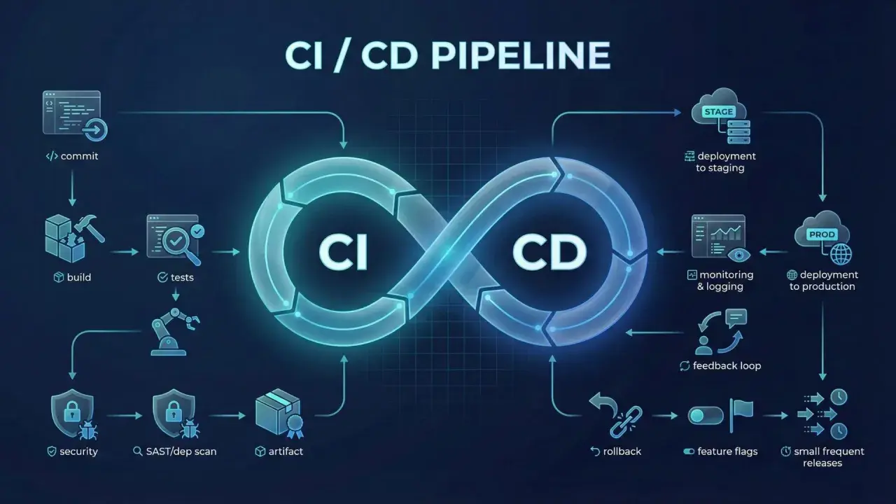 Schemat CI/CD: od commitu, przez build i testy, po wdrożenie na produkcję. Ciągłe integracje i dostarczanie – tak działa nowoczesny rozwój oprogramowania.