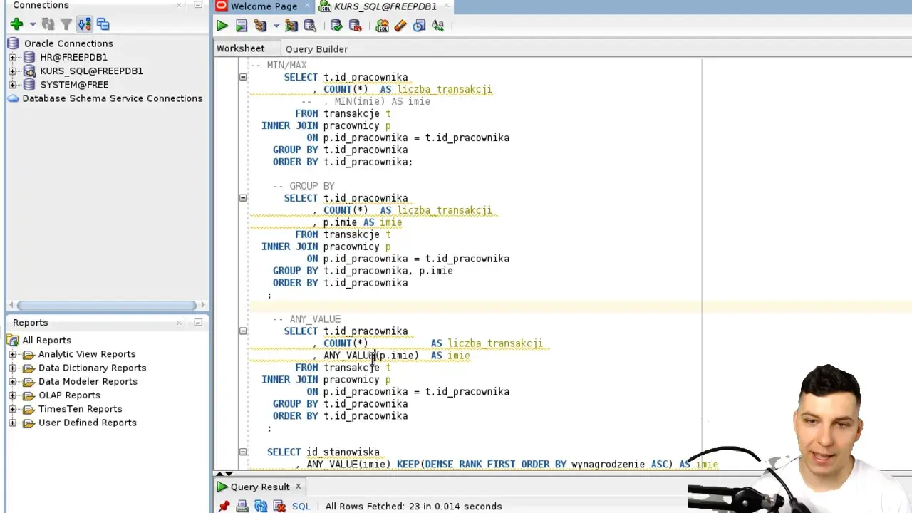 Fragment kodu SQL, który wyjaśnia zapytania do bazy danych, z widocznym interfejsem programu do zarządzania bazami danych.