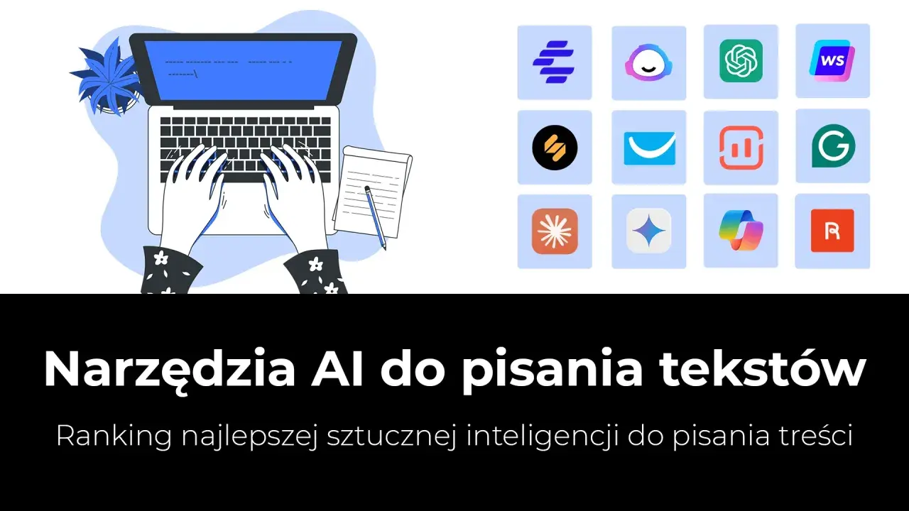 Ręce piszą na laptopie, obok notatnik. W tle ikony aplikacji, sugerujące narzędzia AI do pisania tekstów.