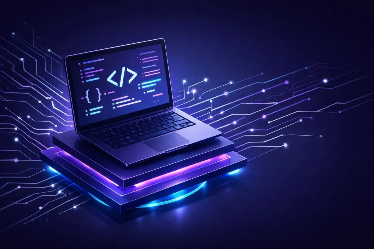 Laptop z kodem na ekranie, na tle cyfrowych obwodów. Symbolizuje backend as a service, ułatwiający tworzenie aplikacji.