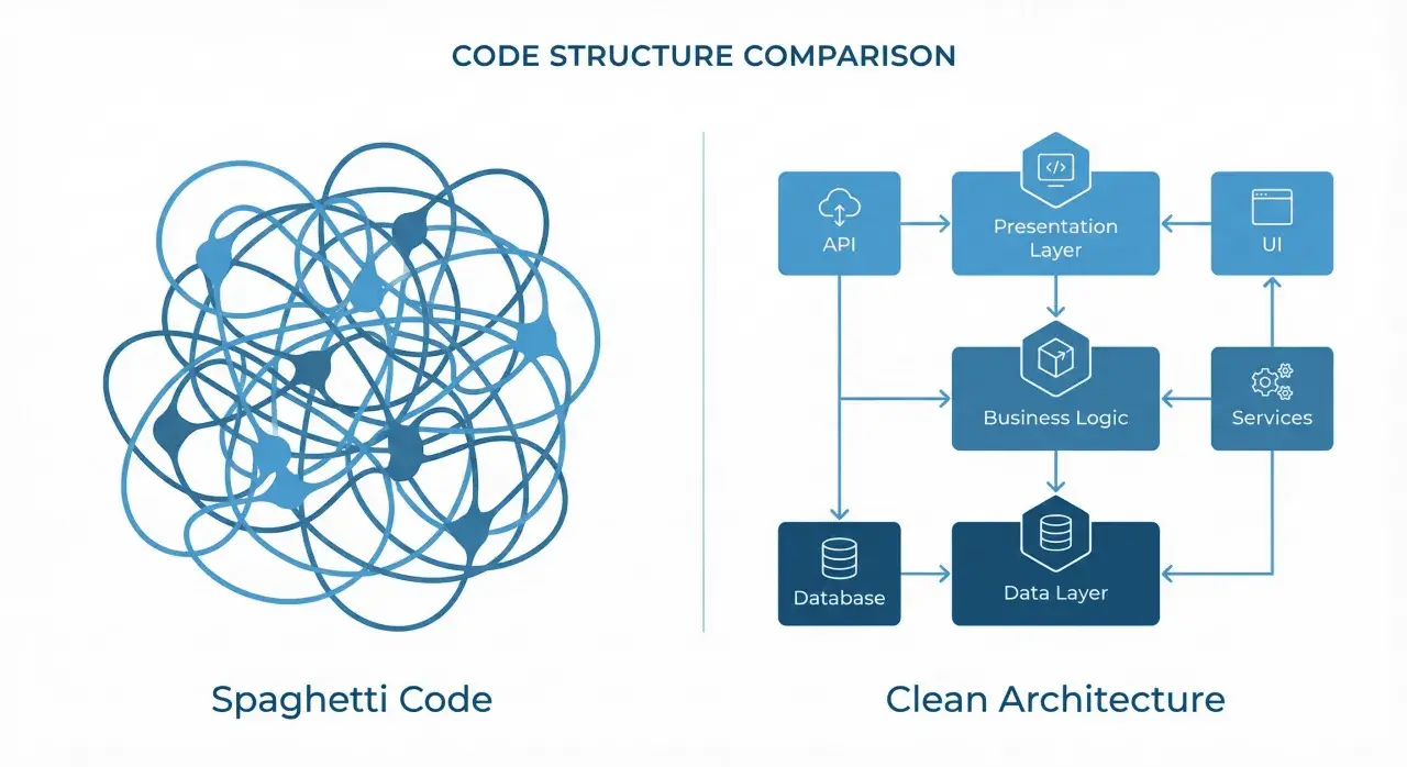 Porównanie struktury kodu: spaghetti code (nieuporządkowane połączenia) kontra czysta architektura (warstwy: API, prezentacji, logiki biznesowej, danych, UI, usług).